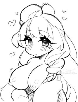 1girl blush breasts cleavage drill_hair greyscale hair_bun heart large_breasts long_hair looking_at_viewer macross macross_delta mikumo_guynemer monochrome nipples off_shoulder parted_lips sasanoneko sketch solo sweater upper_body very_long_hair white_background