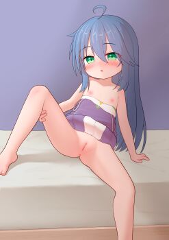1girl :o ahoge anus barefoot bed blue_hair blush censored cleft_of_venus clothes_lift clothes_pull collarbone dress dress_lift dress_pull feet_out_of_frame flat_chest foot_out_of_frame green_eyes hair_between_eyes izumi_konata knee_up loli long_hair looking_at_viewer lucky_star mosaic_censoring nipples no_panties open_mouth parted_lips purple_dress pussy short_dress sitting solo spread_legs strap_slip zezu