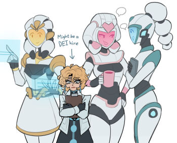 absurdres blonde_hair colored_skin crossed_arms earrings frown height_difference highres hologram humanoid_robot jewelry looking_down metal_skin multiple_girls original robot robot_girl sergey_(ms_pigtails) simple_background sky_guy_art