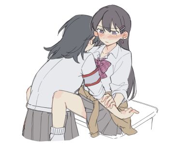 2girls armband bang_dream! bang_dream!_it&#039;s_mygo!!!!! between_legs black_hair blush bow brown_hair collared_shirt commentary ear_blush grey_skirt hair_ornament hairclip hashtag-only_commentary highres holding_another&#039;s_wrist jenjen long_hair multiple_girls pleated_skirt purple_bow red_armband shiina_taki shirt simple_background skirt white_background white_shirt yahata_umiri yuri