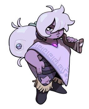 1girl amethyst_(steven_universe) belt boots chest_jewel closed_mouth colored_skin discount-supervillain eyelashes gem gem_(steven_universe) gun hair_bun hair_ornament lips long_hair poncho purple_eyes purple_gem purple_hair purple_skin shotgun single_hair_bun skull_hair_ornament solo steven_universe weapon