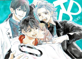 Rule 34 | 4boys, :o, ahoge, amemura ramuda, amemura ramuda (tdd era), aohitsugi samatoki, aohitsugi samatoki (tdd era), arm up, arms around neck, bead bracelet, beads, black choker, black hair, black jacket, blue background, blue eyes, blush, bracelet, choker, choppy bangs, closed eyes, clothes grab, commentary request, cross, cross patty, curtained hair, ear piercing, earrings, fingernails, grey eyes, grey shirt, grin, group name, hair behind ear, hair between eyes, hair slicked back, hand up, heterochromia, high collar, highres, hood, hood down, hoodie, hoop earrings, hypnosis mic, jacket, jacket over hoodie, jewelry, jinguji jakurai, jinguji jakurai (tdd era), kiss, kissing cheek, lapel pin, leather, leather jacket, long hair, looking at another, loose hair strand, low ponytail, male focus, mole, mole under eye, multiple boys, multiple bracelets, open mouth, outline, painting (medium), partially unzipped, piercing, ponytail, purple hair, raised eyebrows, rectangular mouth, red eyes, red hoodie, saatooiimooo, shirt, shirt grab, short hair, smile, stud earrings, sweater, tareme, teeth, the dirty dawg, traditional media, upper body, upper teeth only, v-shaped eyebrows, very short hair, watercolor (medium), wavy hair, white jacket, white outline, white shirt, white sweater, wide-eyed, yamada ichiro, yamada ichiro (tdd era), yaoi