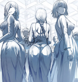 3boys 3girls ass back blindfold braid braided_bangs braided_ponytail breasts chainsaw_man denji_(chainsaw_man) dress fubuki_(one-punch_man) gojou_satoru hews highres jujutsu_kaisen large_breasts long_hair long_sleeves looking_at_viewer looking_back makima_(chainsaw_man) mei_mei_(jujutsu_kaisen) monochrome multiple_boys multiple_girls one-punch_man open_mouth saitama_(one-punch_man) short_hair sketch smile unfinished