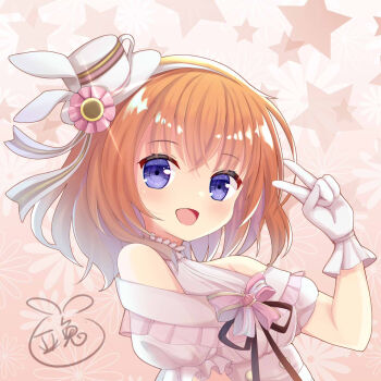 Rule 34 | 1girl, :d, bare shoulders, blue eyes, blush, commentary, crossed bangs, dress, eyelashes, eyes visible through hair, frilled gloves, frilled sleeves, frills, glint, gloves, gochuumon wa usagi desu ka?, hair between eyes, hand up, happy, hat, hat ornament, hat ribbon, highres, hoto cocoa, kk0220, looking at viewer, medium hair, mini hat, mini top hat, off-shoulder dress, off shoulder, open mouth, orange hair, pink background, pink dress, puffy short sleeves, puffy sleeves, rabbit hat ornament, ribbon, short sleeves, signature, simple background, smile, solo, star (symbol), star symbol background, tareme, top hat, upper body, v, white gloves, white hat, white ribbon