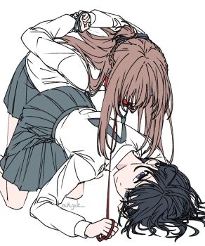 2girls a_jak arms_behind_back bdsm bent_over black_hair blindfold blue_eyes bound bound_wrists braid brown_hair grey_necktie grey_skirt half_up_braid highres holding holding_leash leash long_hair long_sleeves miyagi_shiori multiple_girls necktie pleated_skirt sendai_hazuki shirt short_hair shuuniichido_classmate_wo_kau_hanashi skirt white_shirt yuri