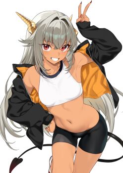 1girl bike_shorts black_jacket black_shorts black_tail breasts commentary_request crop_top enjo_kouhai grey_hair grin hair_intakes hand_on_own_hip hand_up highres horns jacket long_hair looking_at_viewer midriff navel open_clothes open_jacket red_eyes shorts simple_background small_breasts smile solo takunomi ursula_(takunomi) v white_background yellow_horns