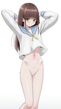 1girl arms_behind_head bar_censor blouse blue_sailor_collar blunt_bangs blush bottomless brown_hair censored cleft_of_venus closed_mouth embarrassed green_eyes highres hip_bones long_hair long_sleeves looking_at_viewer mustee neckerchief original petite pussy raised_eyebrows ribbon sailor_collar sailor_shirt school_uniform serafuku shirt sidelocks simple_background skinny solo standing variant_set white_background white_serafuku winter_uniform