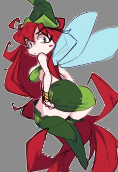 1girl 2026 absurdly_long_hair adjusting_clothes bare_shoulders betilla_(rayman) black_eyes blush_stickers body_freckles bracelet breasts cleavage fairy fairy_wings floating freckles from_behind full_body furrowed_brow gold_bracelet grabbing_own_ass green_hat green_thighhighs grey_background hair_between_eyes hat highres imerald jewelry large_breasts long_hair looking_at_viewer looking_back microskirt midriff navel no_nose rayman_(series) rayman_origins red_hair side_slit sideboob simple_background skirt strapless thick_thighs thighhighs thighs ubisoft very_long_hair wings