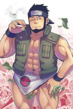 1boy abs bara beard blush bottomless cigarette convenient_censoring facial_hair falling_leaves feet_out_of_frame flaccid forehead_protector jacket leaf leaf_censor loincloth male_focus mature_male muscular muscular_male naruto_(series) naruto_shippuuden navel navel_hair nipples no_shirt open_clothes open_jacket pectoral_cleavage pectorals penis sarutobi_asuma short_hair sleeveless sleeveless_jacket solo stomach thick_thighs thighs yunosuke