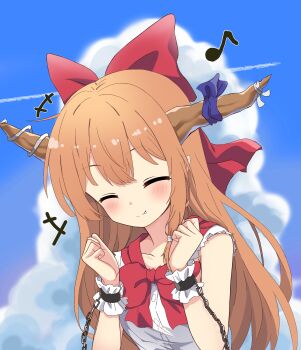 Rule 34 | 1girl, blue ribbon, blue sky, blush, brown horns, closed eyes, closed mouth, commentary request, fang, hair ribbon, highres, horn ornament, horn ribbon, horns, ibuki suika, long hair, orange hair, red ribbon, ribbon, shirt, sky, sleeveless, sleeveless shirt, smile, solo, touhou, white shirt, yige lurenjia