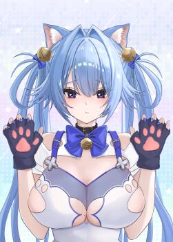1girl animal_ear_fluff animal_ears animal_hands bell black_dress blue_bow blue_hair blue_nails bow breasts cat_ears closed_mouth collarbone commentary_request dress fang fang_out fingerless_gloves gloves goddess_of_victory:_nikke gretel_(nikke) grey_gloves hair_bell hair_between_eyes hair_bow hair_intakes hair_ornament hair_rings hands_up highres jingle_bell large_breasts nail_polish paw_gloves purple_eyes solo sunameri_(pixiv3564245) twintails upper_body