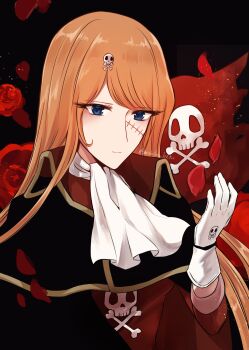 1girl ascot black_background black_cape blonde_hair blue_eyes bone cape emeraldas flower gloves hair_ornament harlock_saga highres koto_(shiberia39) light_smile long_hair looking_at_viewer queen_emeraldas red_flower red_rose red_shirt rose scar scar_on_face shirt skull_and_crossbones skull_hair_ornament skull_print solo twitter_username white_ascot white_gloves