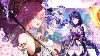 3girls absurdres animal_ears apron aqua_hair braid breasts cherry_blossoms cleavage clothing_cutout detached_sleeves electro_symbol_(genshin_impact) flying fox_ears fox_girl frilled_apron frilled_hairband frills genshin_impact hair_between_eyes hairband highres holding holding_tray holding_umbrella japanese_clothes kanimisokani_06 kimono lightning long_hair long_sleeves maid maid_apron medium_breasts multiple_girls nihongami nontraditional_miko oil-paper_umbrella one_eye_closed open_mouth orange_eyes pink_hair purple_eyes purple_hair purple_kimono raiden_shogun side_cutout single_braid smile tray umbrella very_long_hair vision_(genshin_impact) wa_maid waist_apron white_apron wide_sleeves yae_miko yumemizuki_mizuki