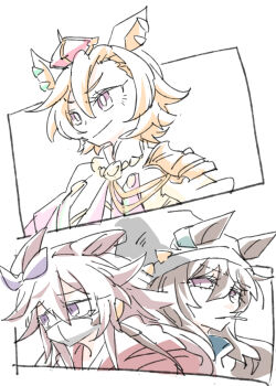 >:) 3girls animal_ears beanie beer_hsk bow brown_hair closed_mouth crown ear_ribbon ears_through_headwear grey_hat hair_between_eyes hat highres hood hood_down hoodie horse_ears long_hair mask mini_crown mouth_hold mouth_mask multiple_girls nakayama_festa_(umamusume) orfevre_(old_design)_(umamusume) purple_eyes purple_ribbon red_hoodie ribbon shirt smile t.m._opera_o_(o_sole_suo!)_(umamusume) t.m._opera_o_(umamusume) umamusume v-shaped_eyebrows white_background white_shirt