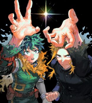 2boys all_might belt bh20647 blonde_hair bodysuit boku_no_hero_academia cape gakuran green_bodysuit green_hair highres long_hair male_focus midoriya_izuku multiple_boys school_uniform spiked_hair superhero_costume teacher_and_student utility_belt yellow_cape