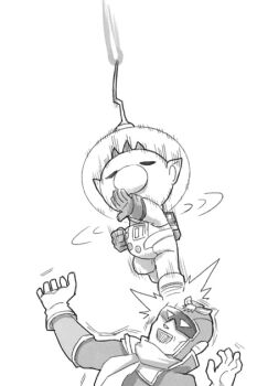 2boys ^^^ backpack bag big_nose bodysuit bracer buttons captain_falcon clenched_hand closed_eyes collared_bodysuit commentary_request covered_mouth f-zero full_body gloves greyscale height_difference helmet high_collar kicking male_focus monochrome motion_blur motion_lines multiple_boys naru_(wish_field) nintendo olimar open_mouth pikmin_(series) pointy_ears radio_antenna scarf short_hair simple_background smile space_helmet spacesuit speed_lines super_smash_bros. teeth two-sided_fabric upper_body upper_teeth_only very_short_hair white_background