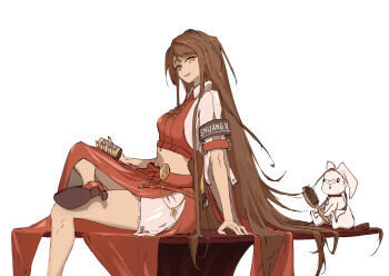 1girl alternate_hairstyle breasts brown_eyes brown_hair can chinese_clothes commentary crop_top english_commentary glasses guilty_gear guilty_gear_strive hair_brush high_heels highres holding holding_can hollow_555 jacket kuradoberi_jam long_hair looking_at_viewer medium_breasts midriff navel open_clothes open_jacket rabbit red_skirt side_slit simple_background sitting sitting_on_table skirt table usagi_(guilty_gear) very_long_hair white_background white_jacket white_rabbit_(animal)