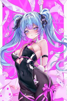 1girl ace_(playing_card) ace_of_clubs animal_ears black_leotard black_pantyhose black_ribbon blue_eyes blue_hair breasts card club_(shape) collar colored_tips covered_navel detached_collar eyelashes fake_animal_ears hair_ribbon hashtag-only_commentary hatsune_miku heart highres krashena leotard multicolored_hair pantyhose pink_ribbon playing_card poker_chip pole purple_hair rabbit_ears rabbit_hole_(vocaloid) rabbit_tail ribbon six_of_diamonds solo stripper_pole tail twintails white_collar