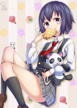 1girl black_socks blue_hair blush bread female_focus food highres loafers melon_bread misaki_yuuma mole mole_under_eye necktie plaid_clothes plaid_skirt purple_eyes school_girl_strikers school_uniform shoes short_hair skirt socks solo stuffed_animal stuffed_panda stuffed_toy sumihara_satoka