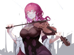 Rule 34 | 1girl, absurdres, black dress, breasts, commentary, detached sleeves, dress, highres, holding, holding instrument, holding violin, honkai: star rail, honkai (series), instrument, kafka (honkai: star rail), long hair, looking at viewer, medium breasts, official alternate costume, purple eyes, purple hair, smile, smurtz, solo, upper body, violin, white background