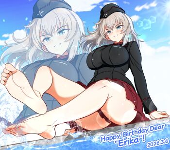 Rule 34 | 1girl, absurdres, barefoot, black hat, black jacket, blue eyes, blue sky, breasts, cloud, commentary request, dated, day, feet, foot focus, garrison cap, girls und panzer, gratin (kumaisao), grey hair, happy birthday, hat, highres, itsumi erika, jacket, kuromorimine military uniform, large breasts, long hair, long sleeves, outdoors, pleated skirt, red skirt, sitting, skirt, sky, smile, solo, thighs, water, zoom layer