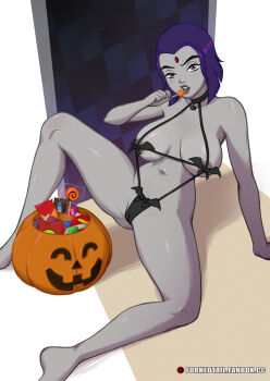 1girl areola_slip bat_bikini bob_cut breasts cameltoe candy colored_skin dc_comics female_focus food forehead_jewel forkedtail goth_fashion grey_skin halloween highres jack-o'-lantern legs_apart licking_lollipop lollipop looking_at_viewer medium_hair narrowed_eyes oral oral_insinuation oral_invitation oral_suggestive pale_skin petite pumpkin purple_eyes purple_hair raven_(dc) sitting slingshot_swimsuit solo swimsuit teen_titans witch