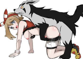 1girl absurdres all_fours bestiality breasts censored dog doggystyle gen_3_pokemon highres may_(pokemon) medium_breasts mightyena mosaic_censoring nintendo nipples nivi pokemon pokemon_oras pokephilia sex sex_from_behind