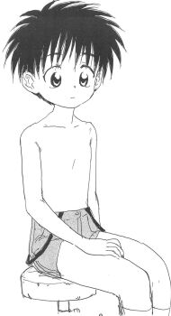 1boy artist_request child dokkiri_doctor hongo_yukihiro legs messy_hair no_shirt shorts_only shota sitting socks traditional_media