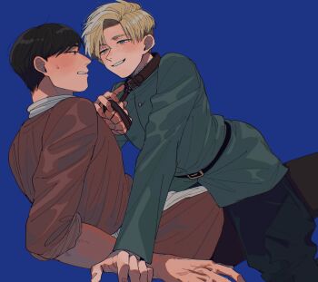 2boys albert_brudzewski_(chi.) animal_collar belt black_belt black_hair black_pants blonde_hair blue_background blue_eyes blush brown_shirt chi.:_chikyuu_no_undou_ni_tsuite chizaki collar green_jacket hair_between_eyes half-closed_eyes highres holding holding_leash jacket leash looking_at_another multiple_boys pants parted_bangs parted_lips rafal_(chi.) shirt short_hair smile sweatdrop white_shirt yaoi