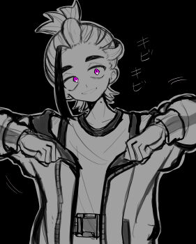 1boy absurdres arms_up black_background body_control dancing food greyscale head_tilt highres jacket jacket_partially_removed kieran_(pokemon) long_sleeves looking_at_viewer loose_hair_strand male_focus mind_control mochi mochi_mochi_dance monochrome nintendo open_clothes open_jacket pink_eyes pokemon pokemon_sv ponytail possessed solo spot_color tank_top titara_1230