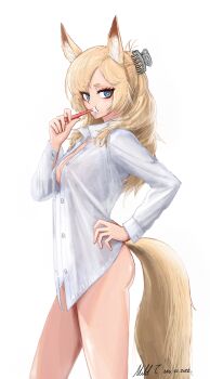 1girl absurdres alternate_costume animal_ears arknights blonde_hair blue_eyes breasts brushing_teeth claw_hair_clip cleavage collared_shirt commentary dated dress_shirt feet_out_of_frame from_side hairclip hand_on_own_hip highres holding holding_toothbrush horse_ears horse_girl horse_tail long_hair long_sleeves looking_at_viewer medium_breasts mildt naked_shirt open_clothes open_shirt parted_bangs see-through_silhouette shirt signature simple_background solo standing tail thighs toothbrush unbuttoned whislash_(arknights) white_background white_shirt