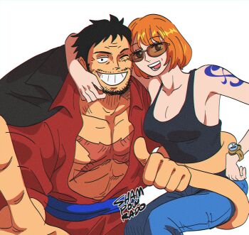 1boy 1girl aged_up arm_around_neck arm_around_waist artist_name bare_shoulders black_cape black_coat black_hair black_tank_top blue_pants blue_sash bracelet breasts brown-tinted_eyewear cape cleavage coat coat_on_shoulders collarbone commentary cross_scar denim elasticity extendable_limbs facial_mark facial_scar feet_out_of_frame grin hand_on_another's_cheek hand_on_another's_face heads_together highres jeans jewelry leaning_on_person log_pose looking_at_viewer mature_female mature_male medium_breasts monkey_d._luffy nami_(one_piece) one_eye_closed one_piece open_mouth orange_hair outstretched_arm pants pectorals red_shirt sash scar scar_on_cheek scar_on_chest scar_on_face shampowrado shirt short_hair shoulder_tattoo signature sitting smile sunglasses tank_top tattoo thumbs_up tinted_eyewear upper_body white_background