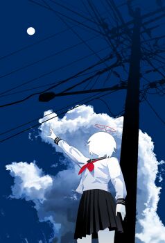 Rule 34 | 1girl, absurdres, ahoge, angel, black sailor collar, black skirt, blue sky, chewchewer, cloud, cloudy sky, colored skin, detached ahoge, faceless, faceless female, from below, halo, highres, microsoft paint (medium), neckerchief, nyan (chewchewer), original, outstretched arm, pleated skirt, power lines, red halo, red neckerchief, sailor collar, school uniform, serafuku, short hair, skirt, sky, solo, sun, utility pole, white hair, white serafuku, white skin