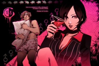 Rule 34 | 1boy, 1girl, ada wong, black hair, black jacket, blonde hair, breasts, catherine (game), choker, cleavage, cocktail glass, commentary, cosplay, cowboy shot, cup, curled horns, drinking glass, english commentary, highres, holding, holding cup, holding pill, horns, jacket, lace, lace choker, leon s. kennedy, male underwear, medium breasts, nail polish, parted bangs, parted lips, pill, print male underwear, red eyes, red lips, red nails, resident evil, underwear, upper body, vincent brooks, vincent brooks (cosplay), zombiyh