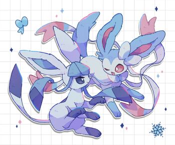 alternate_color animal_focus blue_eyes blue_fur blue_sclera bow closed_mouth colored_sclera diamond_(shape) full_body gen_4_pokemon gen_6_pokemon glaceon highres nintendo no_humans one_eye_closed open_mouth pink_eyes pokemon pokemon_(creature) pokemon_focus ribbon shiny_pokemon smile snowflakes sylveon towa_(clonea) two-tone_fur white_fur