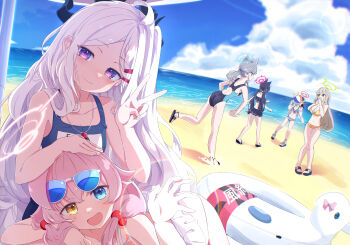 Rule 34 | 6+girls, :d, absurdres, abydos high school swimsuit, ahoge, animal ears, aqua halo, ass, ayane (blue archive), ayane (swimsuit) (blue archive), backlighting, bare back, beach, bikini, black bikini, black hair, blue-tinted eyewear, blue archive, blue eyes, blue sky, blurry, breasts, cat ears, cat girl, cleavage, cloud, cloudy sky, collarbone, commentary request, demon girl, demon horns, depth of field, eyewear on head, foreclosure task force (blue archive), forehead, frilled bikini, frills, green eyes, green halo, grey hair, hair between eyes, hair bobbles, hair ornament, hairclip, halo, head tilt, headpat, heterochromia, highres, hina (blue archive), hina (swimsuit) (blue archive), horizon, horns, hoshino (blue archive), hoshino (swimsuit) (blue archive), innertube, lap pillow, long hair, long sleeves, looking at another, looking at viewer, low ponytail, low twintails, lying, lying on person, multiple girls, name tag, navel, nonomi (blue archive), nonomi (swimsuit) (blue archive), not seven777, ocean, official alternate costume, official alternate hairstyle, old school swimsuit, on side, open clothes, open mouth, open shirt, outdoors, parted bangs, pink hair, pointy ears, ponytail, purple eyes, red halo, sandals, school swimsuit, serika (blue archive), serika (swimsuit) (blue archive), shiroko (blue archive), shiroko (swimsuit) (blue archive), shirt, sidelocks, sky, smile, spaghetti strap, stomach, striped bikini, striped clothes, sunglasses, swim ring, swimsuit, tinted eyewear, twintails, v, wavy hair, whistle, whistle around neck, white hair, white shirt, wolf ears, wolf girl, yellow bikini
