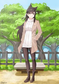 1girl absurdres animal_ears atago_(azur_lane) azur_lane bench black_hair black_pantyhose boots brown_jacket dog_ears floating_hair hair_between_eyes hair_ribbon hands_in_pockets highres jacket looking_at_viewer pantyhose park_bench rafxeed ribbon standing sweater turtleneck turtleneck_sweater twitter_username white_sweater yellow_eyes