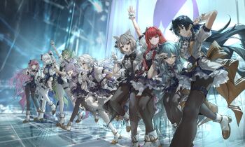 6+girls absurdres akane_lize animal_ears aokumo_rin arahashi_tabi ayatsuno_yuni black_eyes black_hair black_pantyhose blue_eyes blue_hair braid cat_ears concert dainillust dress fang green_eyes green_hair hanako_nana highres horns long_hair looking_at_viewer multicolored_hair multiple_girls neneko_mashiro open_mouth orange_hair pantyhose pink_hair purple_eyes purple_hair red_hair running shirayuki_hina short_hair single_braid single_horn smile stage standing stellive tenko_shibuki twintails very_long_hair virtual_youtuber white_hair white_pantyhose yuzuha_riko