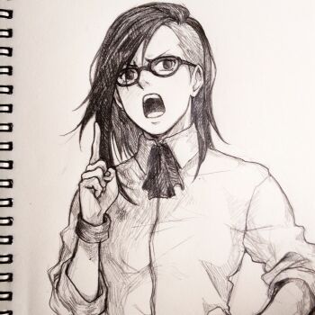 1girl ascot asymmetrical_hair boruto:_naruto_next_generations bracelet collared_shirt commentary english_commentary eyelashes fingernails glasses greyscale highres index_finger_raised jewelry karin_(naruto) long_hair monochrome naruto_(series) open_mouth shiori_lee_jeng shirt sidecut simple_background solo teeth traditional_media undercut upper_body v-shaped_eyebrows white_background