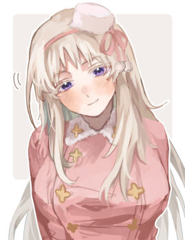 1girl artist_name axis_powers_hetalia blush border breasts buttons closed_mouth collared_dress colored_inner_hair commentary_request dress fur-trimmed_dress fur_hat fur_trim genderswap genderswap_(mtf) green_hair grey_background grey_hair hair_ribbon hairband harutoro_39487 hat highres large_breasts long_hair long_sleeves looking_at_viewer mini_hat multicolored_hair outside_border pink_dress pink_hairband pink_ribbon pom_pom_(clothes) purple_eyes ribbon russia_(female)_(hetalia) russia_(hetalia) sidelocks simple_background smile solo upper_body white_border white_hat