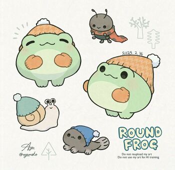 Rule 34 | :3, animal, animal focus, ayu (mog), beanie, blue hat, closed eyes, closed mouth, commentary, dated, english commentary, frog, green hat, grey background, hat, highres, mittens, no humans, notice lines, orange hat, orange mittens, original, signature, simple background, smile, snail, solid circle eyes, tadpole, twitter username, watermark, winter clothes