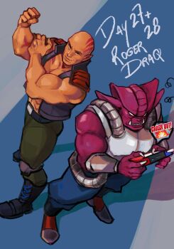 2boys absurdres alien bald belt blank_eyes boots claws draq f-zero f-zero_99 f-zero_falcon_densetsu facial_tattoo fangs from_above grey_eyes highres looking_at_viewer monkii_(mjooolnina) multiple_boys muscular muscular_male nintendo nintendo_switch open_clothes open_shirt playing_games pointy_ears roger_buster smile tattoo white_eyes