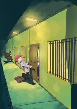 2girls balcony black_dress black_pants blonde_hair brown_bag dress grimace highres kobayashi-san_chi_no_maidragon kobayashi_(maidragon) laughing multiple_girls necktie night orange_necktie pants phil_dragash pulling shirt tohru_(maidragon) water_buffalo white_shirt