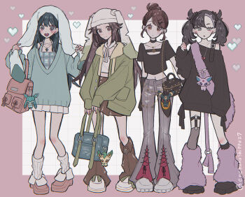 4girls bag black_hair black_pants black_sweater border brown_hair collarbone commentary_request crop_top dawn_(pokemon) enekonoshippo27 espeon gen_2_pokemon gen_4_pokemon glaceon gloria_(pokemon) green_jacket hair_bun hair_ornament hat heart jacket jewelry leaf_(pokemon) leafeon leg_warmers long_hair long_sleeves looking_at_viewer marnie_(pokemon) midriff multiple_girls nintendo open_mouth pants pendant pink_border pixel_art pixel_heart pokemon rabbit_ear_hat short_sleeves shoulder_bag single_hair_bun single_off_shoulder sweater twintails umbreon white_hat x_hair_ornament