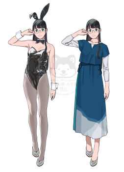 1girl absurdres animal_ear_hairband animal_ears black_bow black_bowtie black_hair black_leotard blue_dress bow bowtie breasts detached_collar dress fake_animal_ears full_body green_eyes grey_pantyhose grey_shoes hairband highres kantai_collection layered_clothes layered_sleeves leotard long_hair long_sleeves multiple_views ojipon ooyodo_(kancolle) ooyodo_(valentine)_(kancolle) pantyhose playboy_bunny rabbit_ears see-through_strap shoes short_over_long_sleeves short_sleeves simple_background small_breasts standing strapless strapless_leotard watermark white_background wrist_cuffs