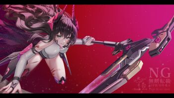 1girl artist_name bare_shoulders black_hair blood blood_on_face blue_eyes bodysuit breasts bridal_gauntlets brown_hair commentary_request cuts floating_hair gloves goddess_of_victory:_nikke green_eyes hair_between_eyes harran_(nikke) headgear highres holding holding_scythe holding_weapon horns injury leotard letterboxed long_hair looking_at_viewer medium_breasts red_background scratches scythe signature solo very_long_hair watermark wavy_hair weapon yazuki_(n_y_0714)