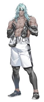 1boy abs absurdres black_shoes blue_eyes blue_hair boxer character_request clenched_hands copyright_request eyepatch fingerless_gloves full_body gloves highres korean_commentary leggings looking_at_viewer male_focus muscular muscular_male pectorals shoes shorts simple_background solo standing tan uoongpig v-taper white_background white_shorts