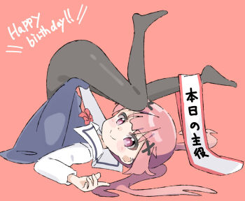 >:) 1girl ass birthday_sash black_pantyhose blue_dress blush_stickers closed_mouth commentary_request covering_crotch covering_privates dress from_side full_body hair_ornament happy_birthday highres kapuru_0410 legs_up long_hair long_sleeves looking_at_viewer looking_to_the_side no_shoes pantyhose pink_background pink_hair purple_eyes sash shirt simple_background sleeveless sleeveless_dress smile solo tanemura_koyori translation_request twintails upside-down v-shaped_eyebrows very_long_hair watashi_ni_tenshi_ga_maiorita! white_shirt x_hair_ornament
