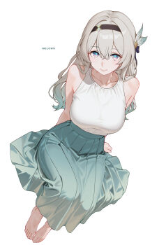 1girl absurdres adapted_costume alternate_costume aqua_pupils arms_behind_back artist_name barefoot black_hairband blush breasts casual closed_mouth collarbone contemporary feet firefly_(honkai:_star_rail) foreshortening full_body grey_hair hair_between_eyes hair_intakes hair_ornament hairband highres honkai:_star_rail honkai_(series) large_breasts light_smile long_hair looking_at_viewer melowh multicolored_hair pleated_skirt purple_eyes simple_background skirt sleeveless smile solo toes white_background