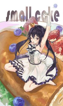 1girl absurdres alternate_costume armpits arms_behind_head arms_up barefoot blackberry_(fruit) bow bowtie cake commentary_request cross-laced_clothes cross-laced_dress crown dress english_text food frilled_dress frills fruit highres k-on! looking_at_viewer mini_crown mini_person minigirl nakano_azusa one_eye_closed open_mouth pout purple_hair purple_trim sitting solo strawberry user_adpn2522 wariza white_dress yellow_eyes